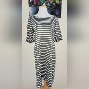 New Talbots Women's Striped Olive Green & White Dress With Short Bell Sleeves